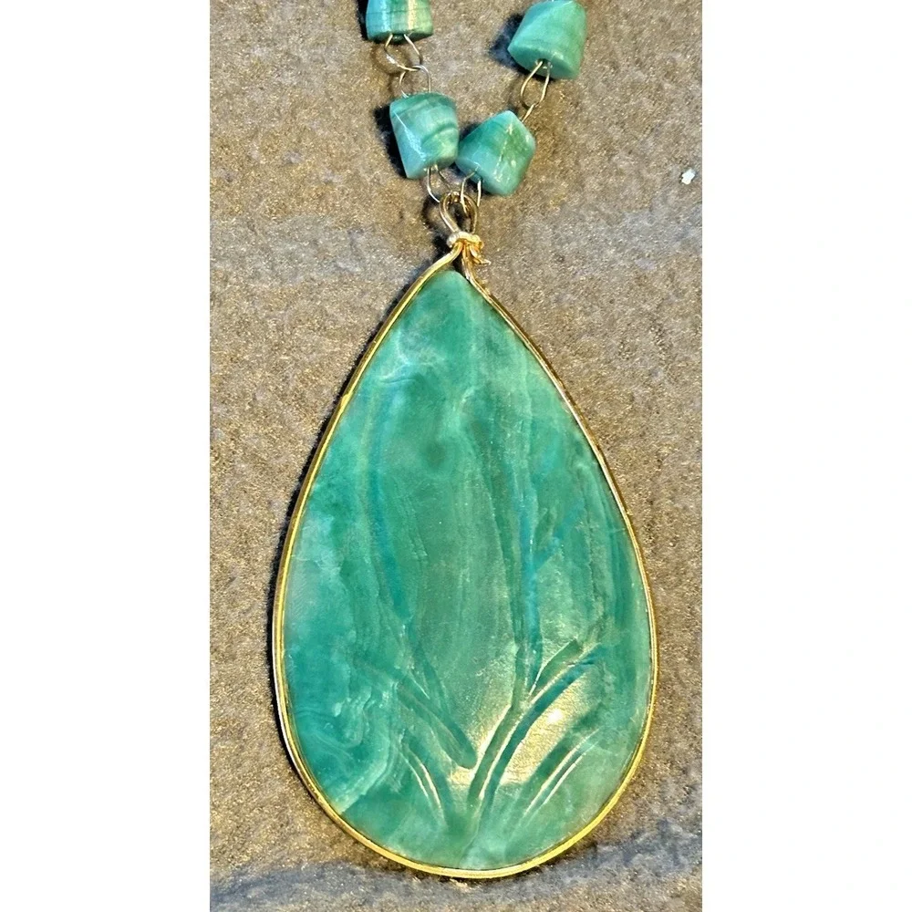 Vintage Teardrop‎ Ammonite Gemstone Necklace Handcrafted Hook 29
